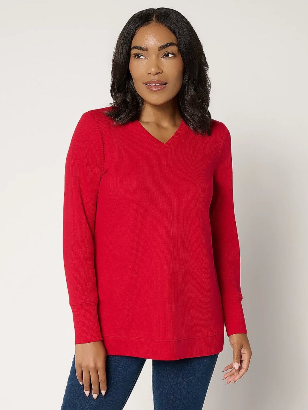 Denim & Co. Essentials Petite Waffle Knit Tunic, Red Sz PL a723299